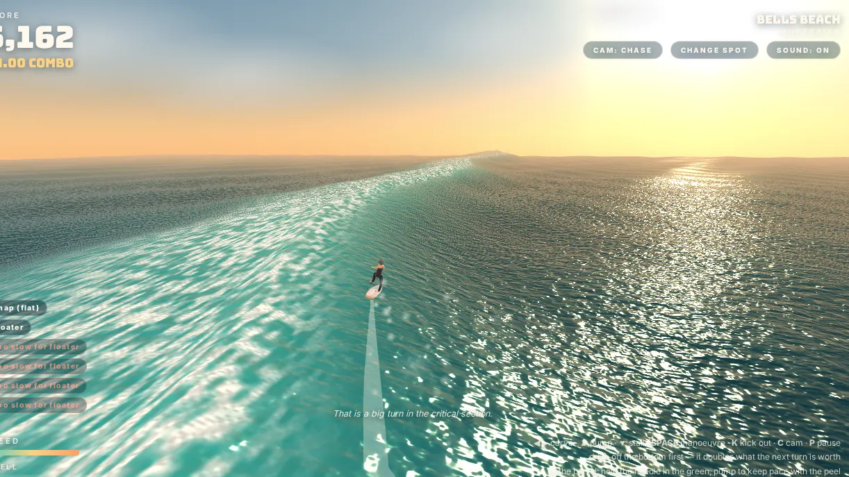 A hand-painted surf game mid-run, with the board carving across a wave.