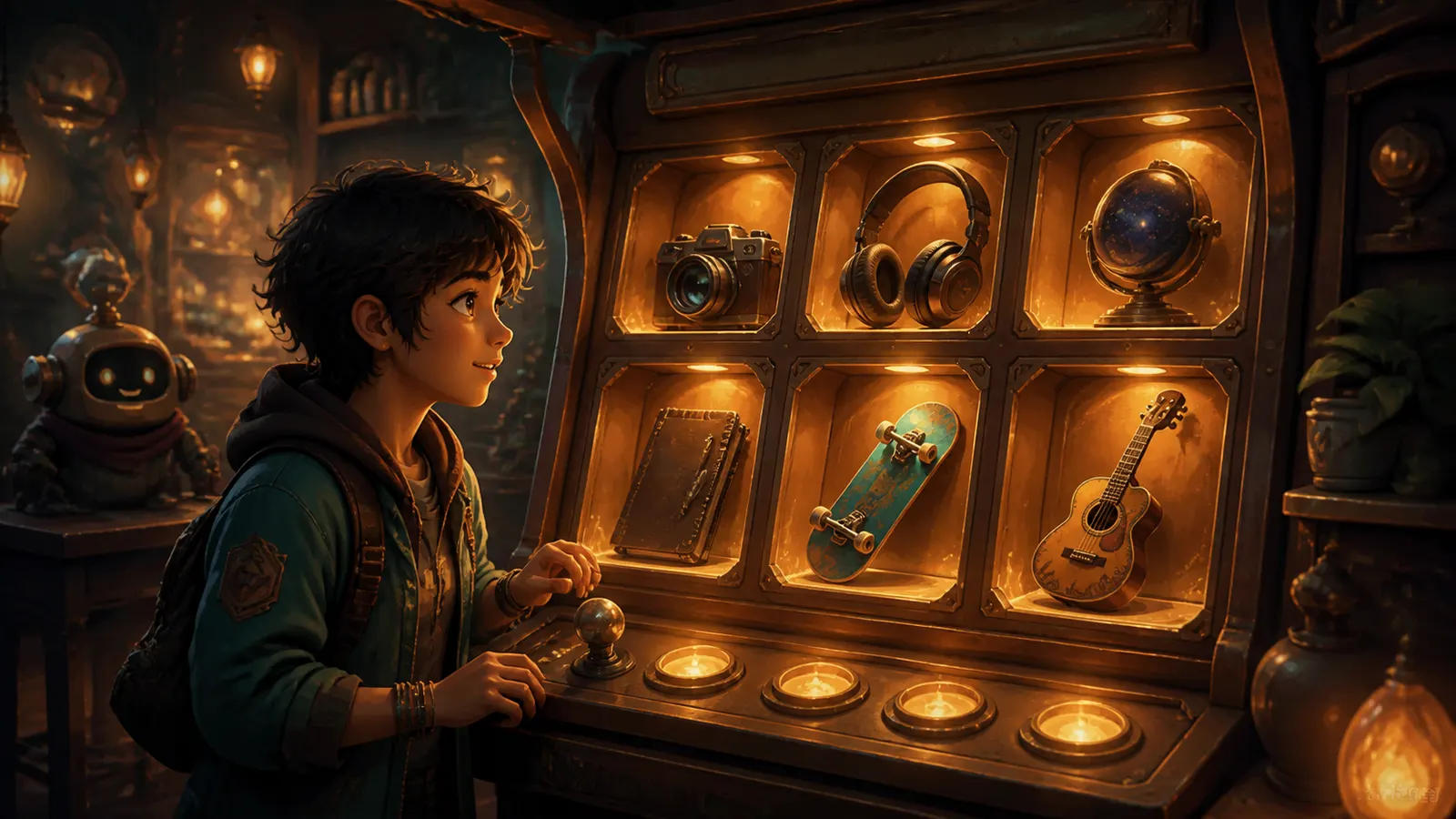 An illustrated teenager looking at a lit cabinet of headphones, a skateboard, a camera and a ukulele.