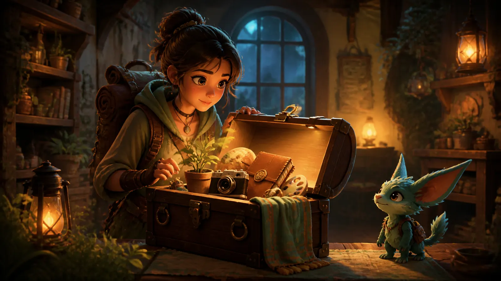 An illustrated young woman opening a travel trunk of keepsakes while a small creature watches.