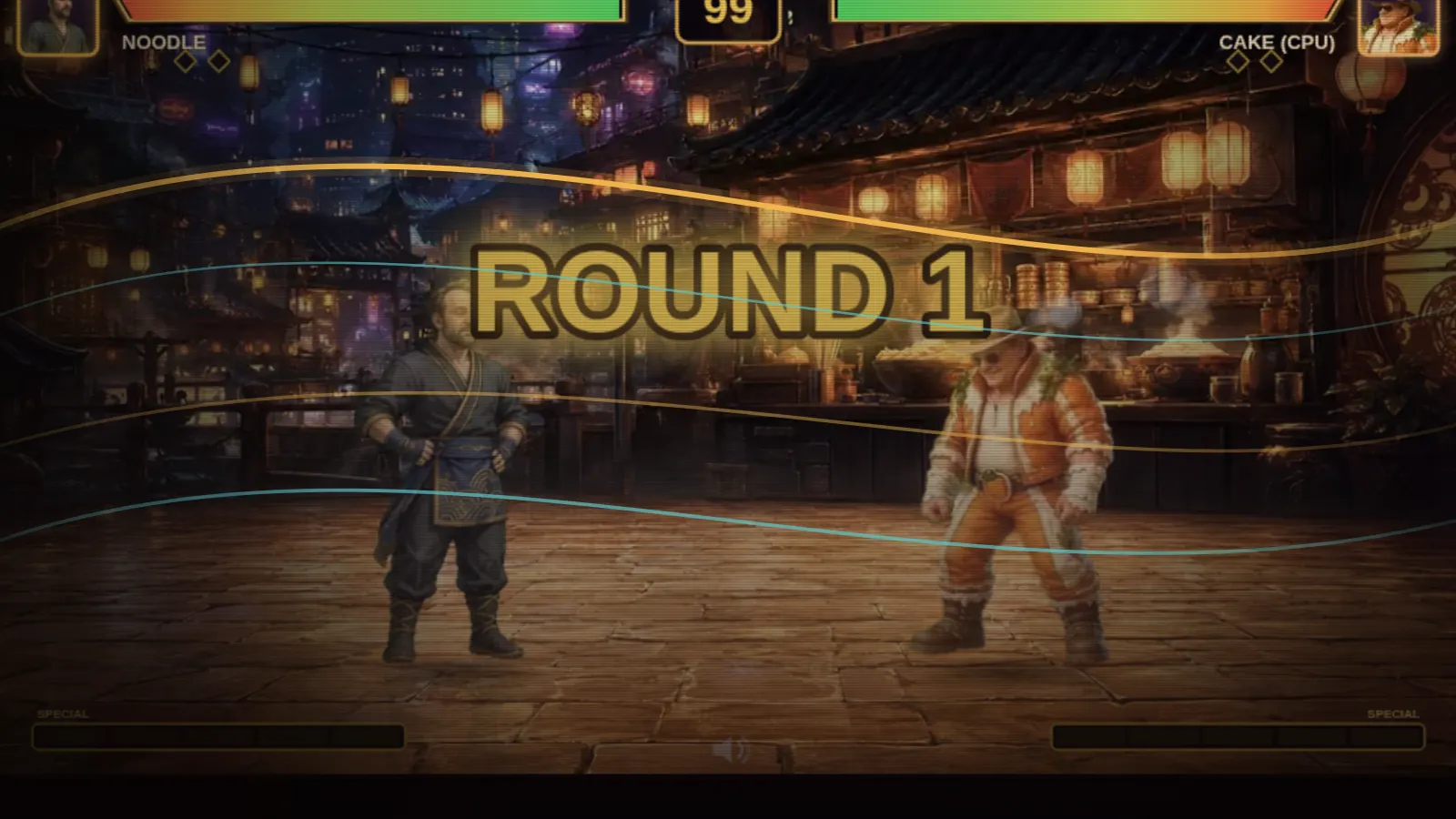 The round one announcement on the tavern stage in Noodles, Cake & Elf.
