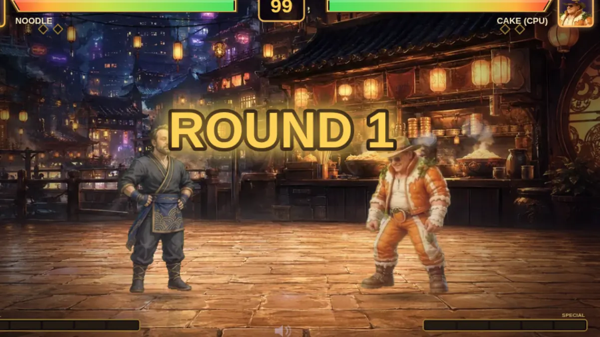 The round one screen of a commissioned fighting game, with two hand-painted fighters squaring up.