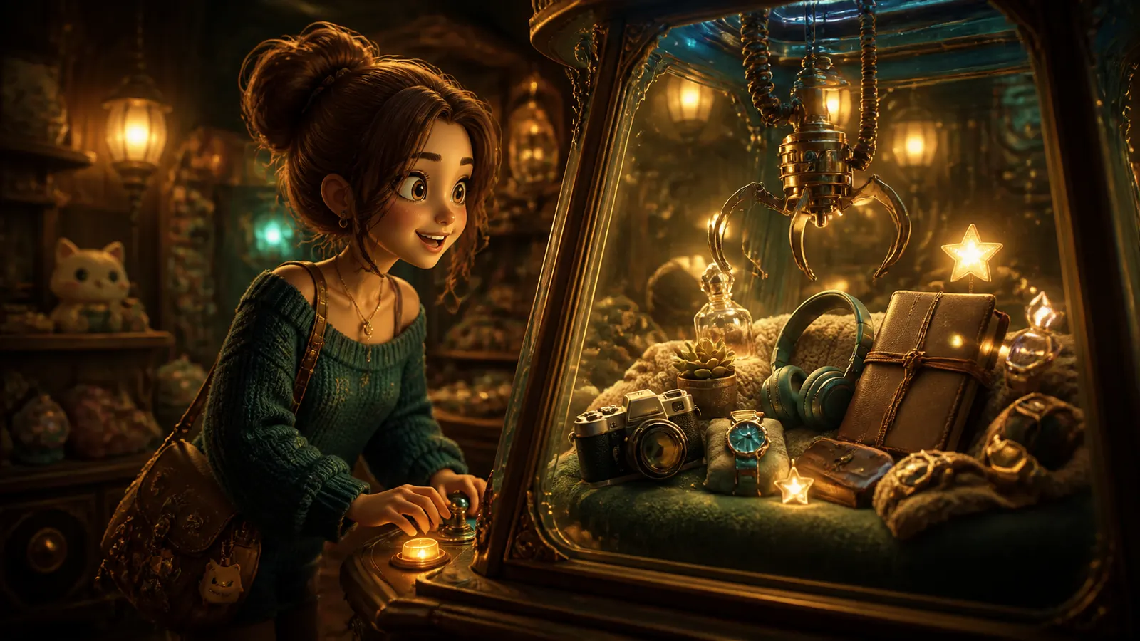 An illustrated young woman at a lamplit window display of gifts, a camera and headphones.