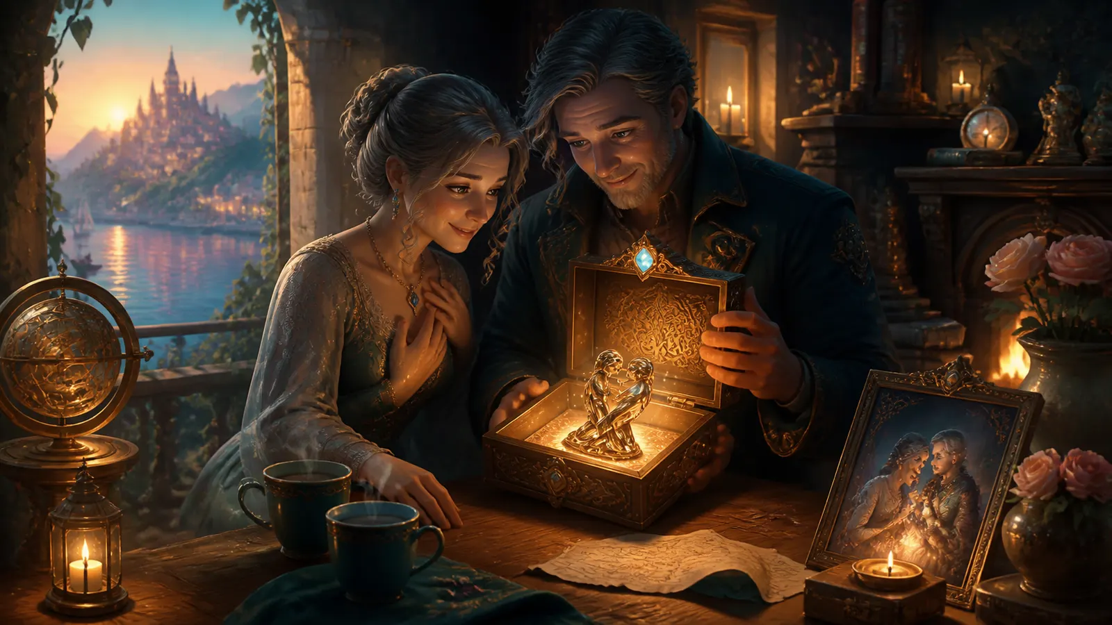 An illustrated couple opening a glowing keepsake box together beside a framed photograph of themselves.