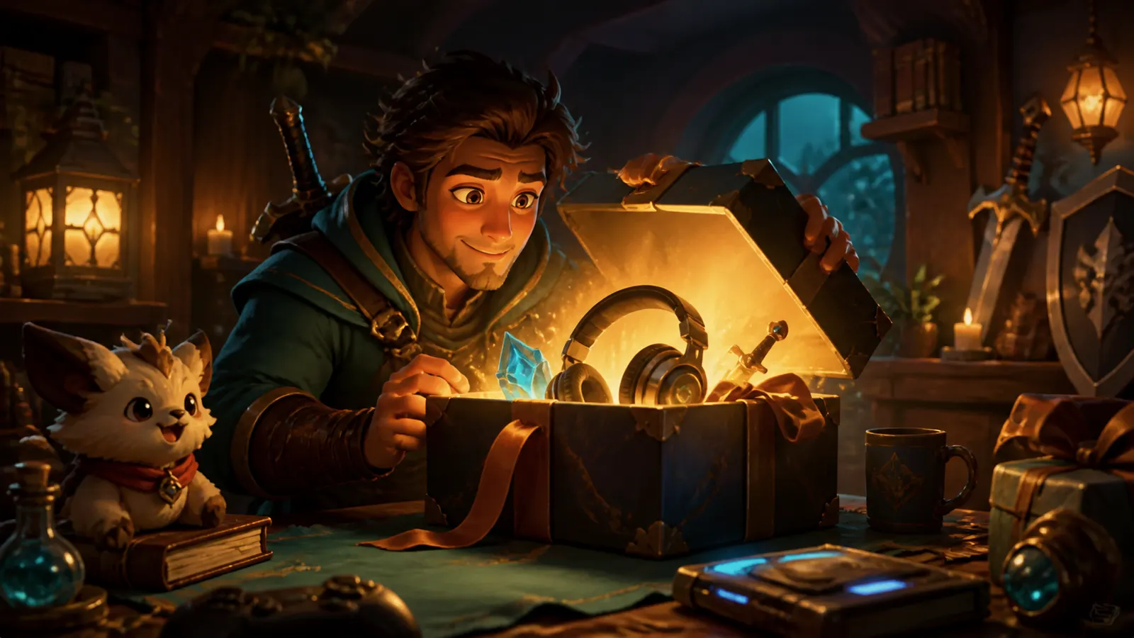 An illustrated young man opening a box of headphones and a controller in a room of games memorabilia.