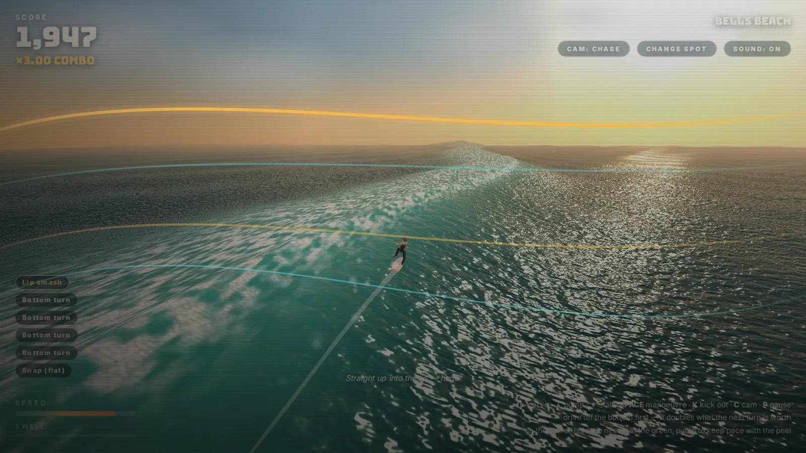 Riding a wave at sunset in Golden Hour: World Surf, a commissioned surf simulator.