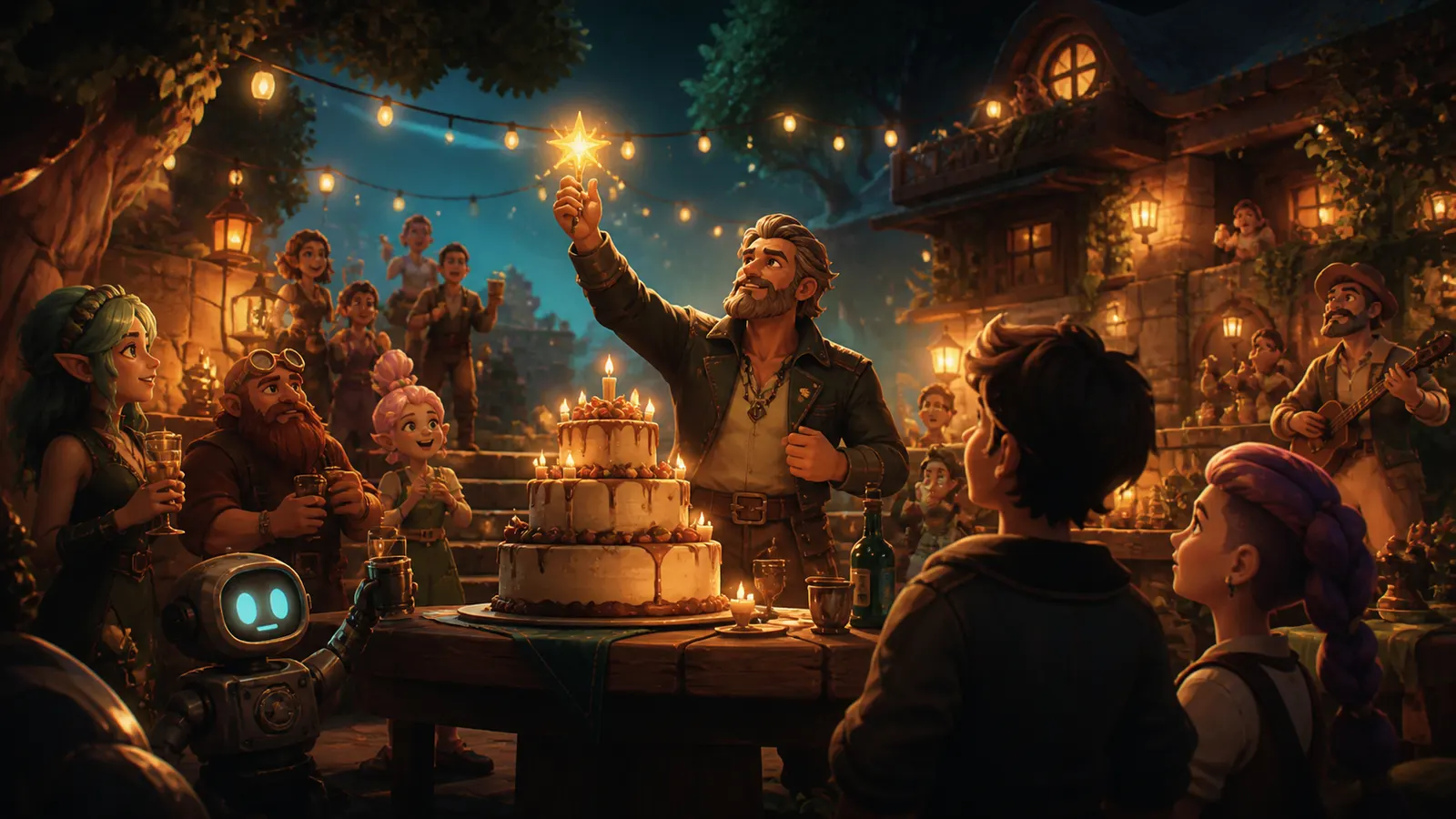 An illustrated birthday party in a lantern-lit hall, the host raising a sparkler over a tiered cake.