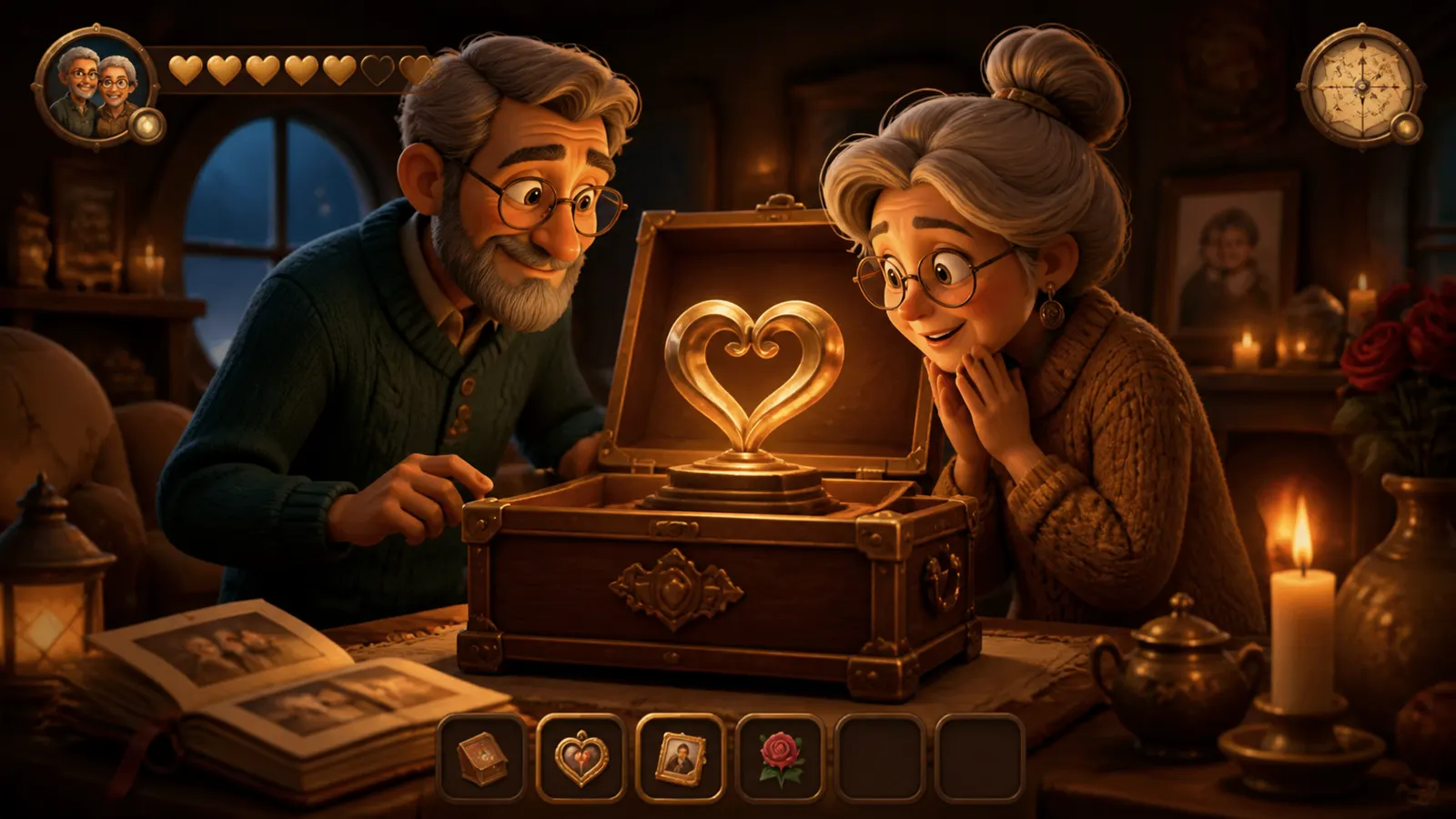 An illustrated older couple opening a wooden box with a glowing ruby-red heart inside.