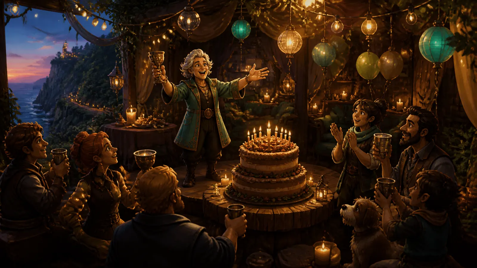 An illustrated woman greeting a room of guests across a candlelit birthday cake.
