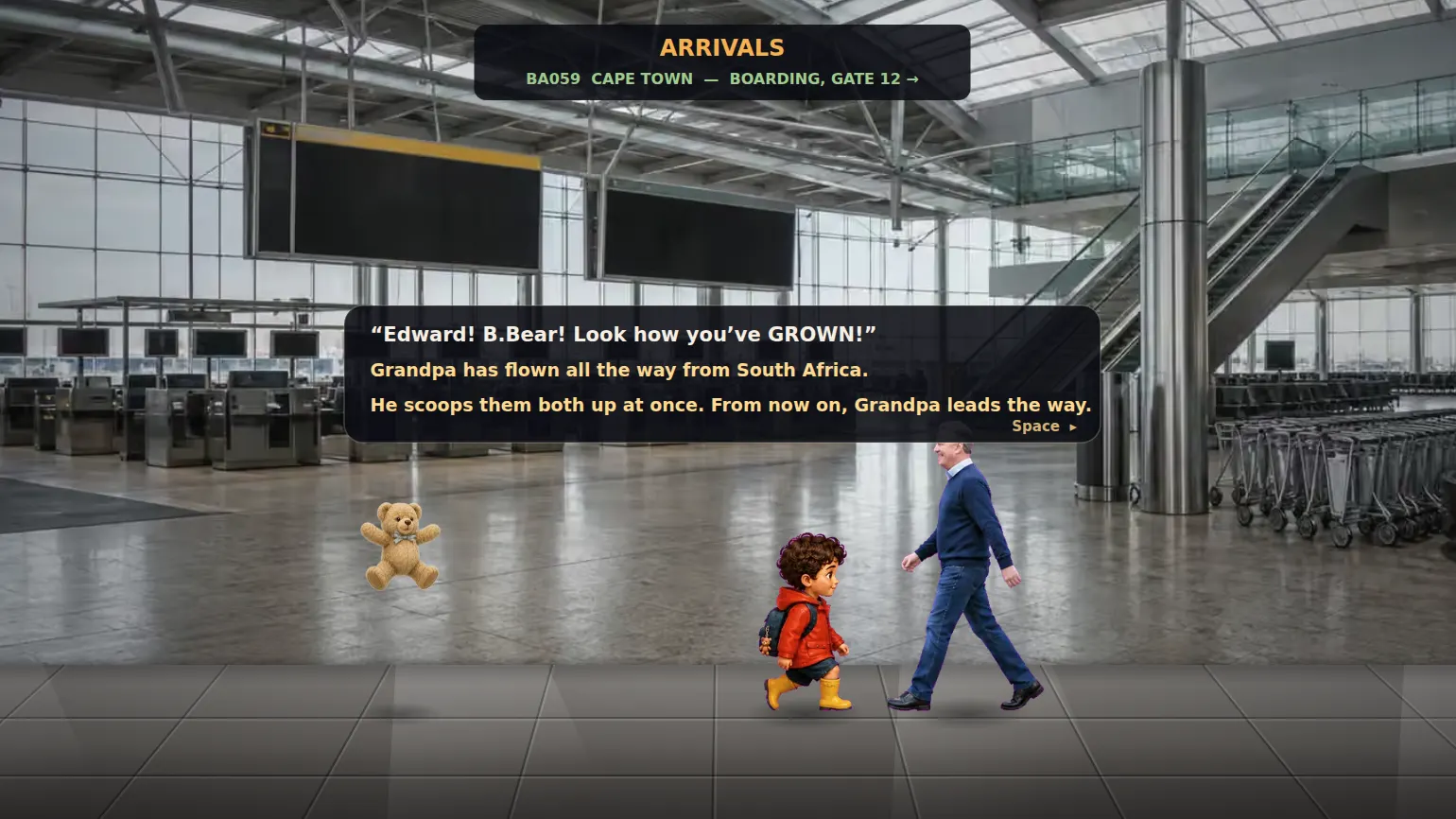 A painted arrivals hall from a commissioned adventure game.