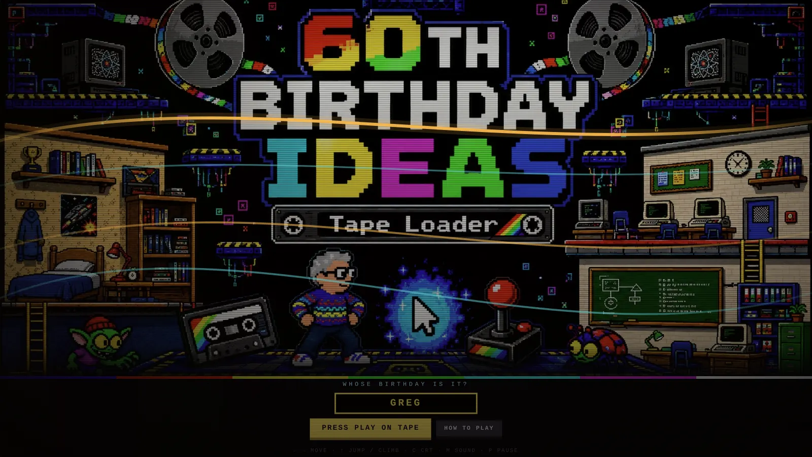 Title screen of Tape Loader, a 60th birthday game, with pixel-art lettering reading 60th Birthday Ideas above the birthday person standing between a cassette and a joystick.