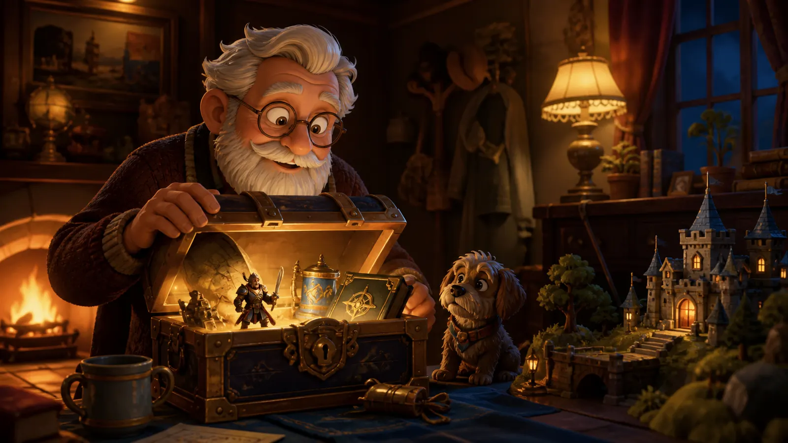 An illustrated older man opening a keepsake chest by the fire, a dog watching beside him.