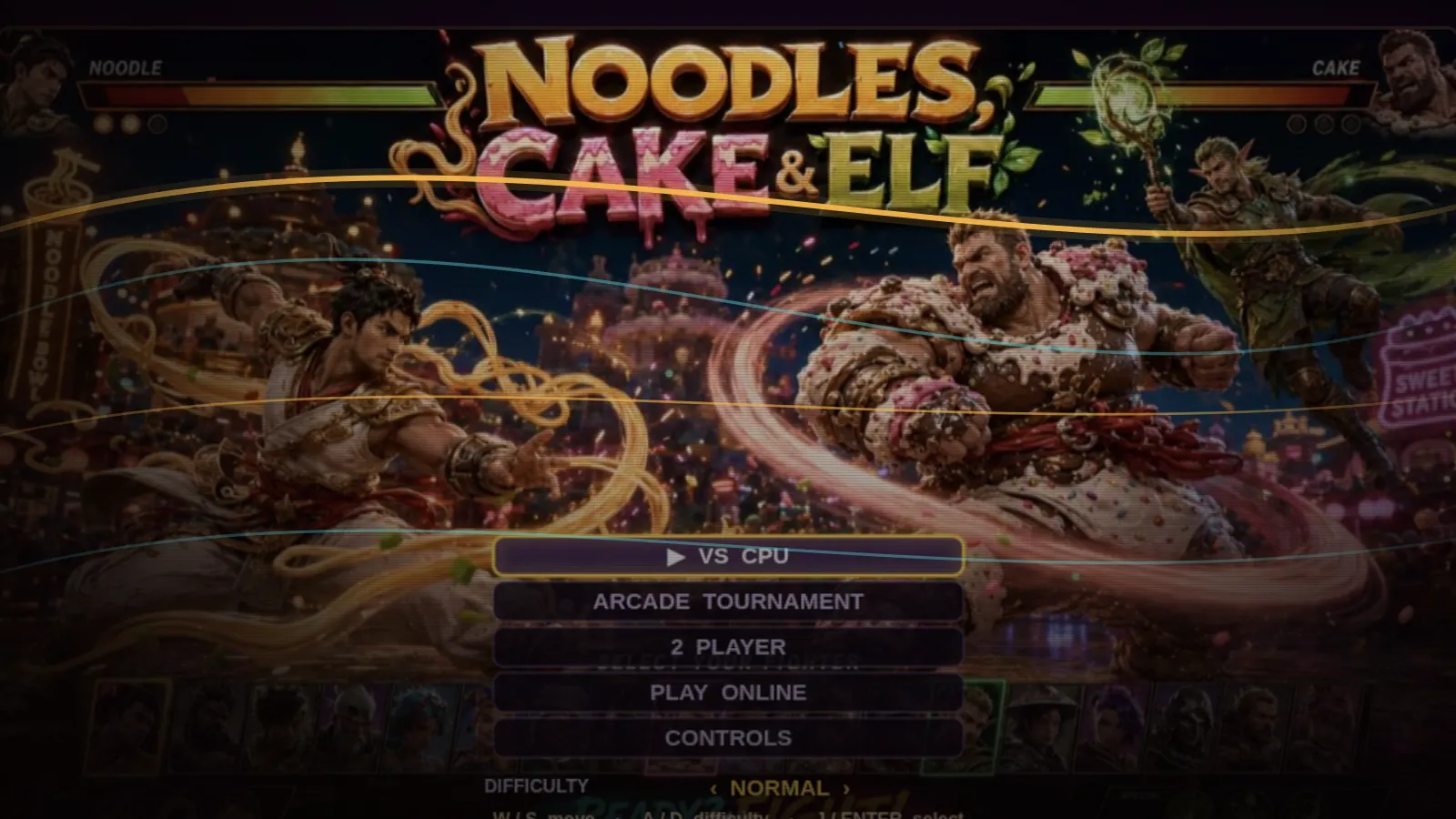Title screen from Noodles, Cake & Elf, a commissioned ten-character fighting game.