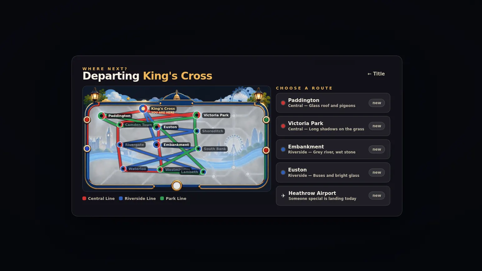 The journey map from a commissioned adventure game, showing a route between painted locations.