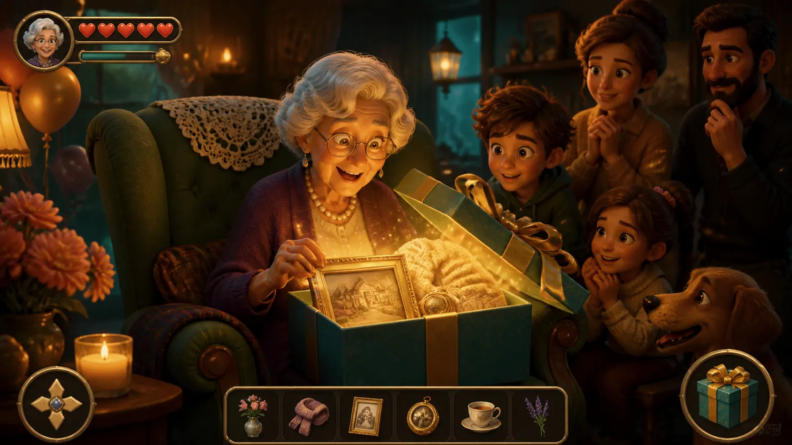 An illustrated great-grandmother opening a gift surrounded by four generations of her family.