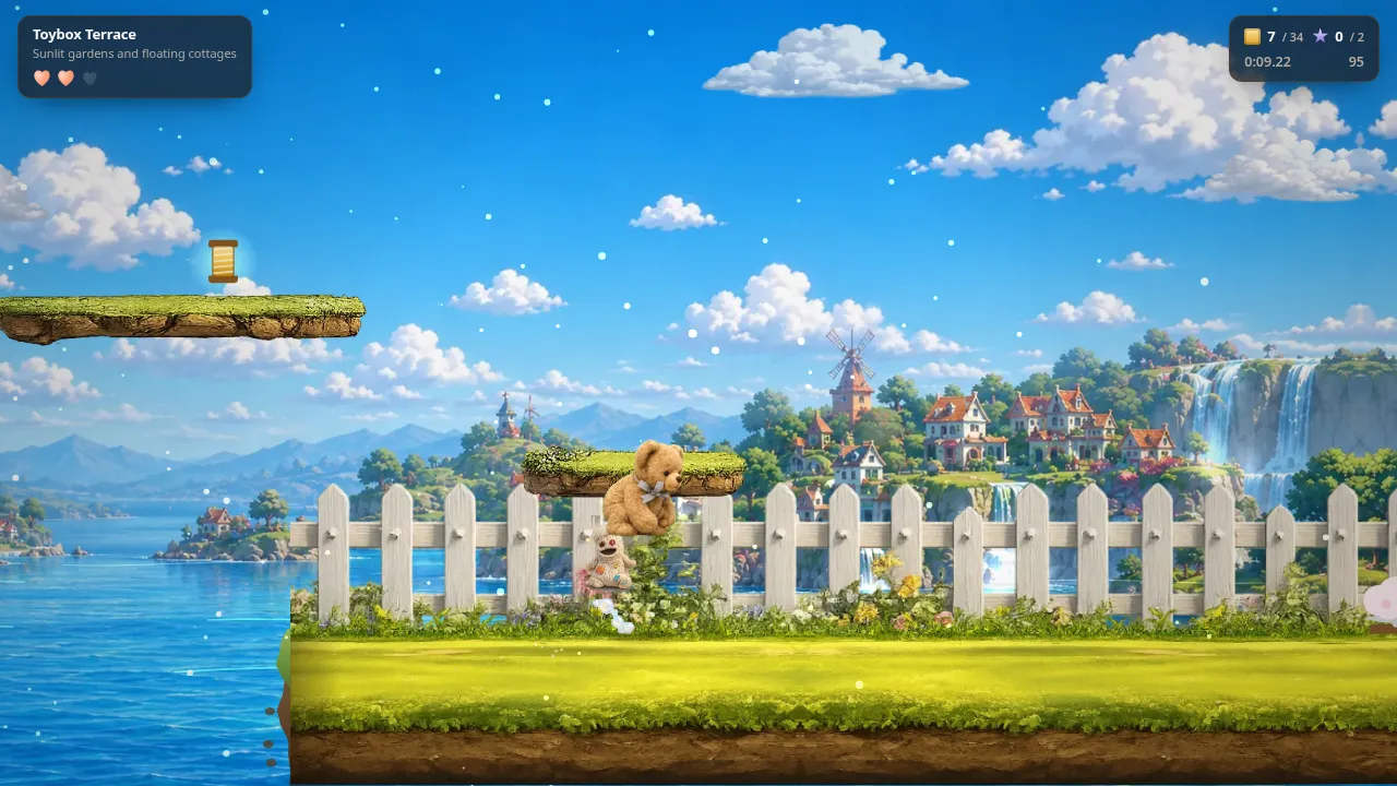 The seaside level of the B Bear platformer, with painted sand, sea and a boardwalk.