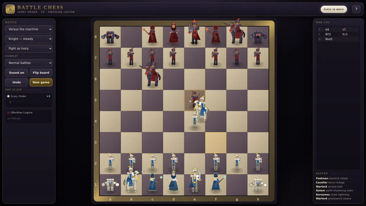 A cavalier landing a lance strike on a footman in Battle Chess, with the captured square highlighted.