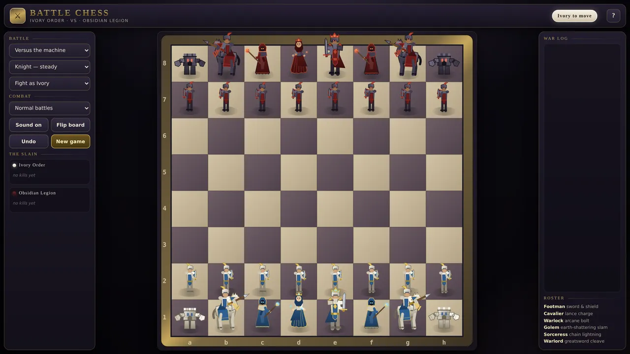 Opening position in Battle Chess, with the blue Ivory Order facing the red Obsidian Legion across a wooden board.