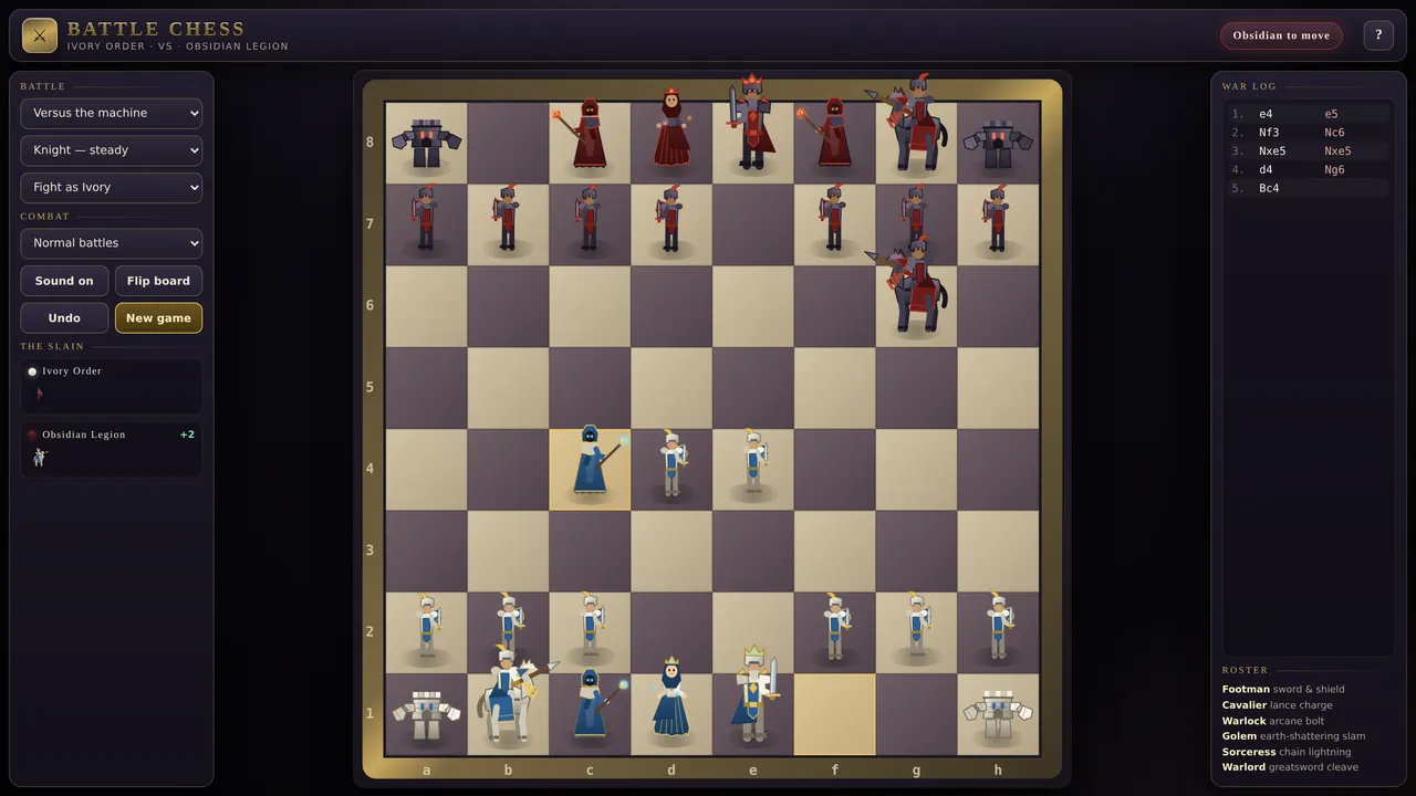 Battle Chess interface showing the war log listing moves in algebraic notation alongside the slain pieces panel.
