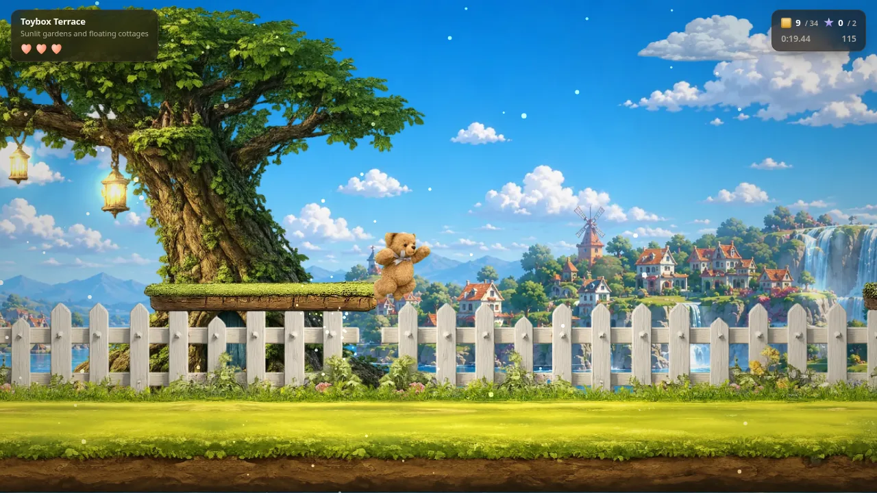 Painterly garden stage from a commissioned platformer, built as a leaving gift.