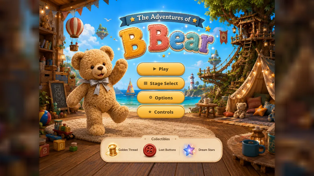Painterly title screen from The Adventures of B Bear, a commissioned storybook platformer.