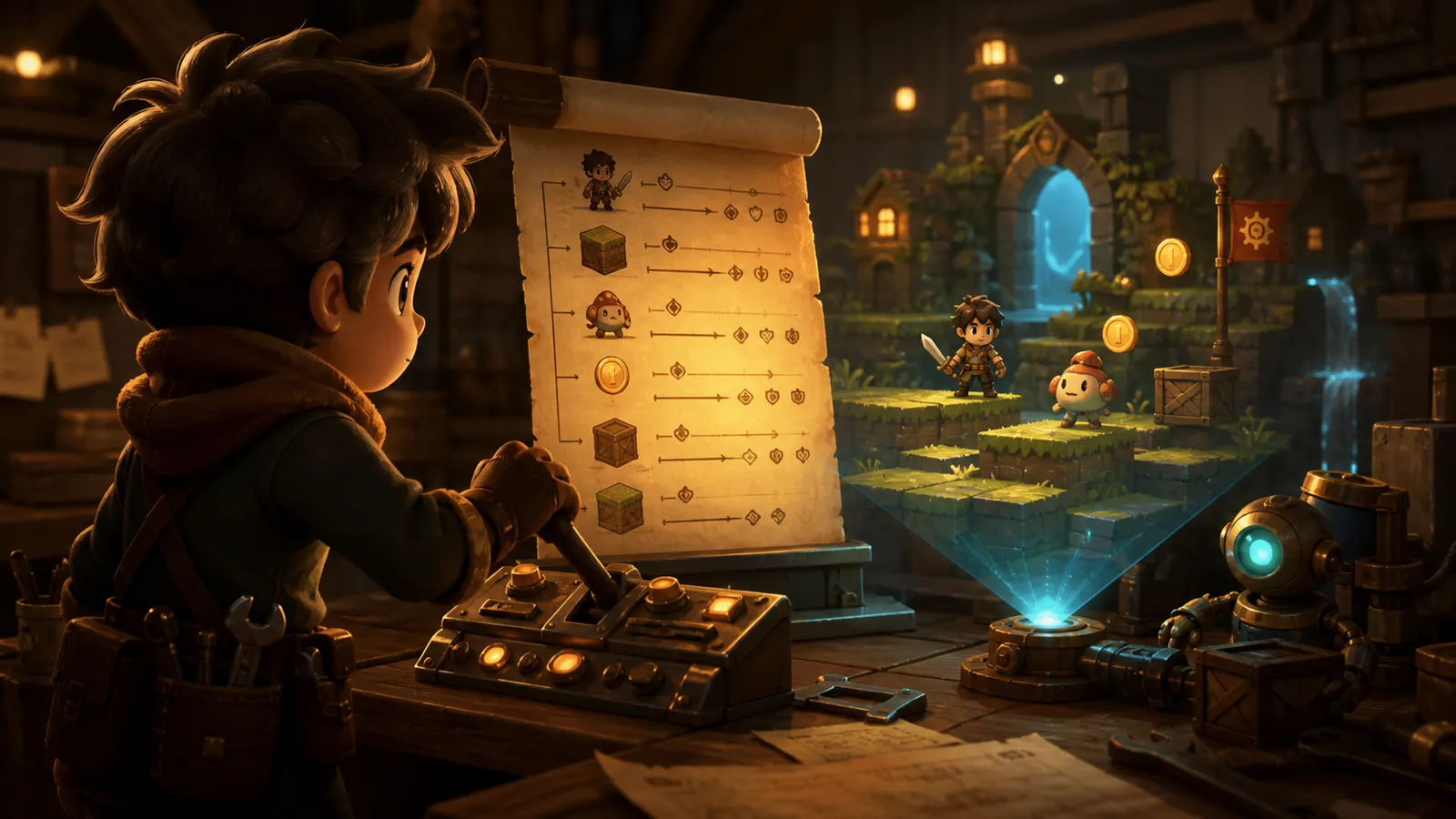 An illustrated developer at a console adjusting a settings panel while a small game world runs beside it.