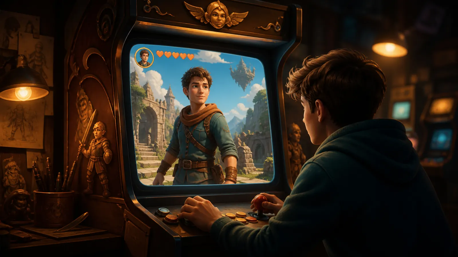 An illustrated artist at a screen where a real person has become a game character.