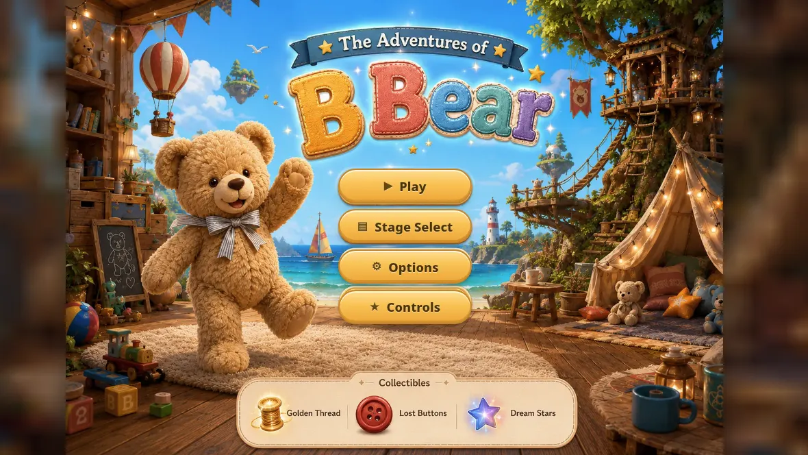 The title screen of a commissioned platformer, with a hand-painted bear.