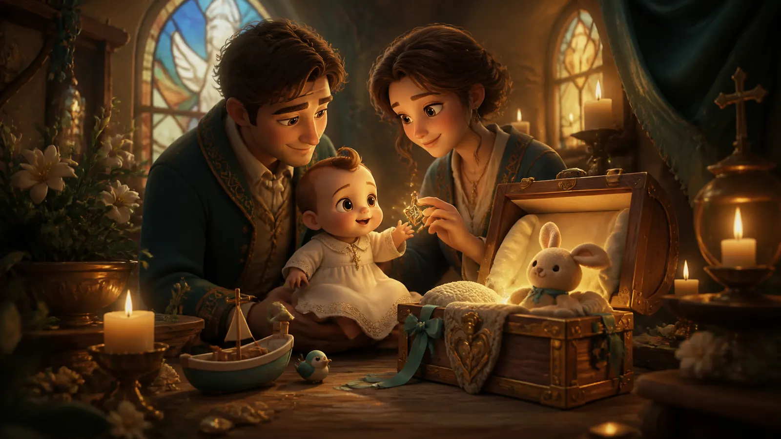 An illustrated couple with a baby, opening a keepsake chest holding a toy rabbit.