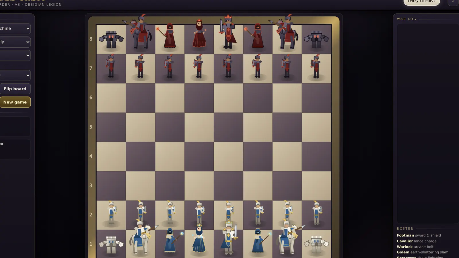 The opening position of a commissioned chess game, with two armies facing each other.