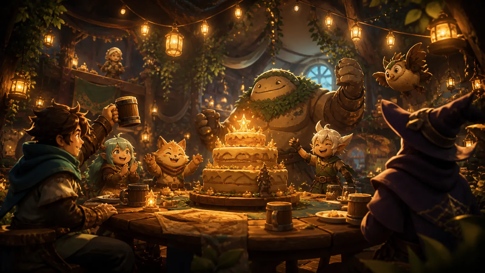 An illustrated company gathering around a tiered anniversary cake in a lantern-lit hall.