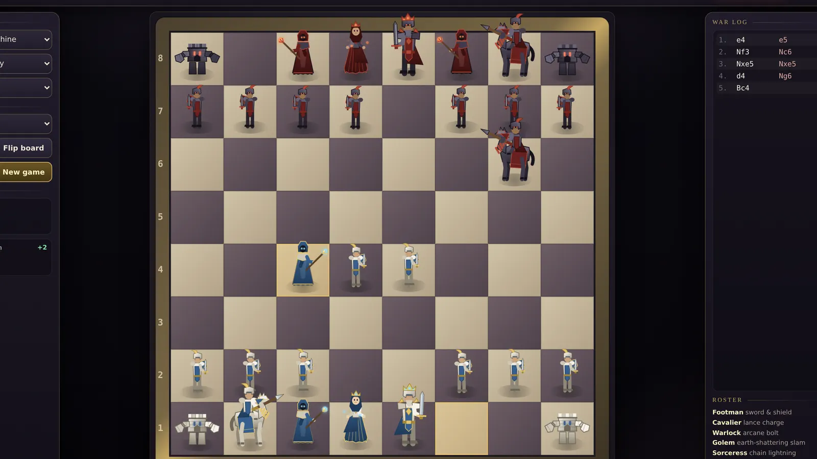 The war log panel from a commissioned chess game, listing moves in notation.