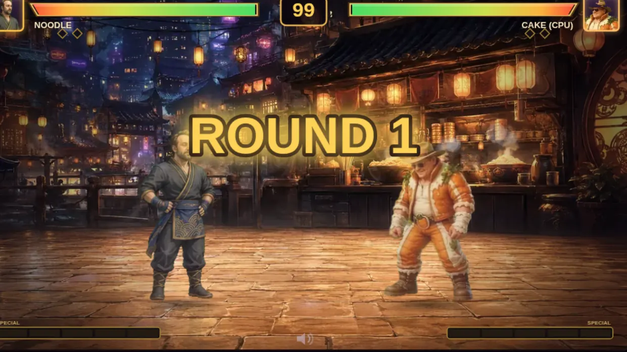 The round one screen of a commissioned fighting game.