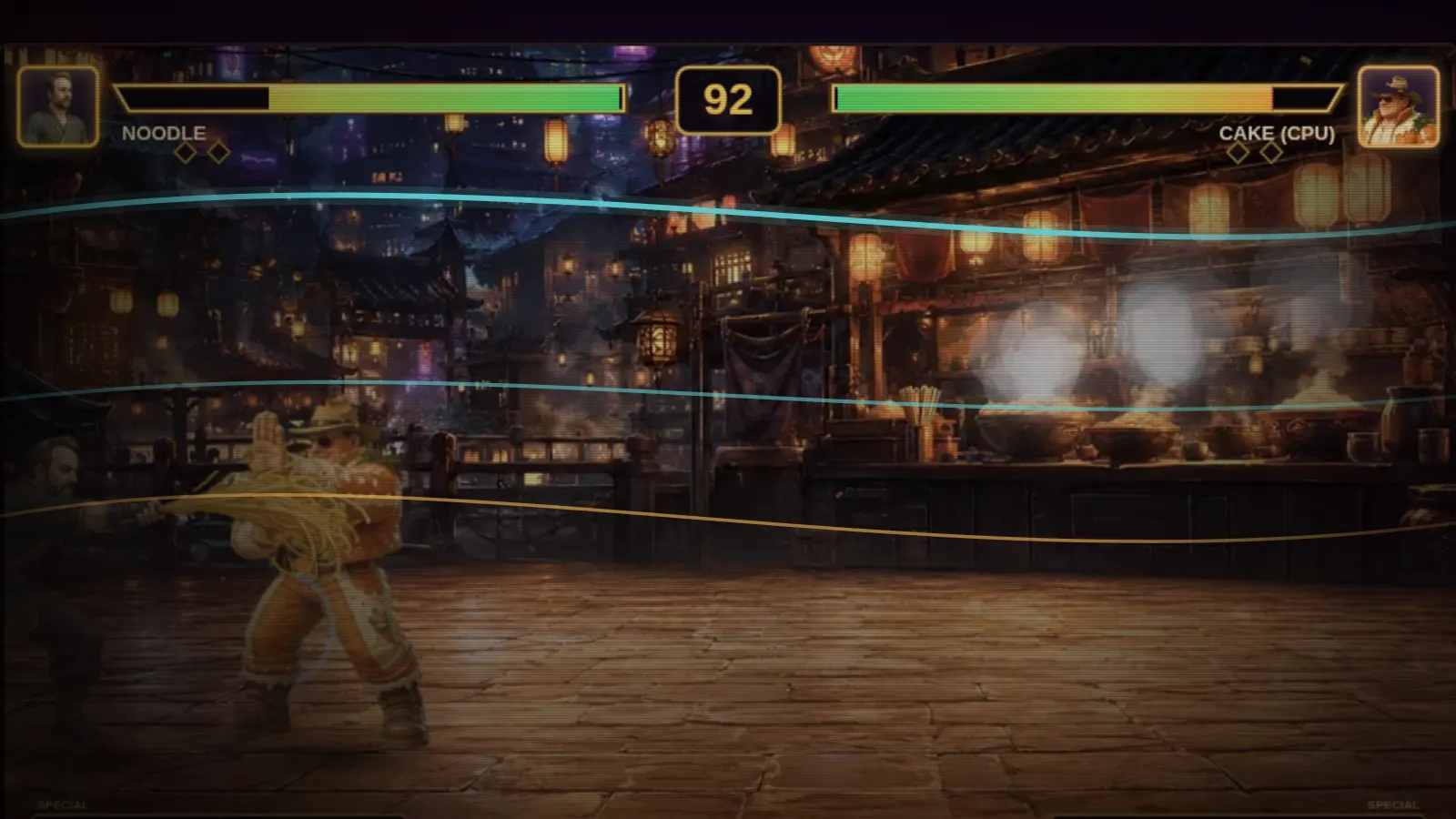 Two fighters squaring up on the tavern stage in Noodles, Cake & Elf.