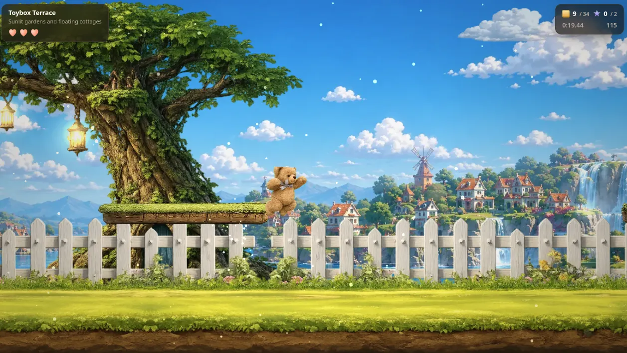 The treetop level of a commissioned platformer, with painted branches.