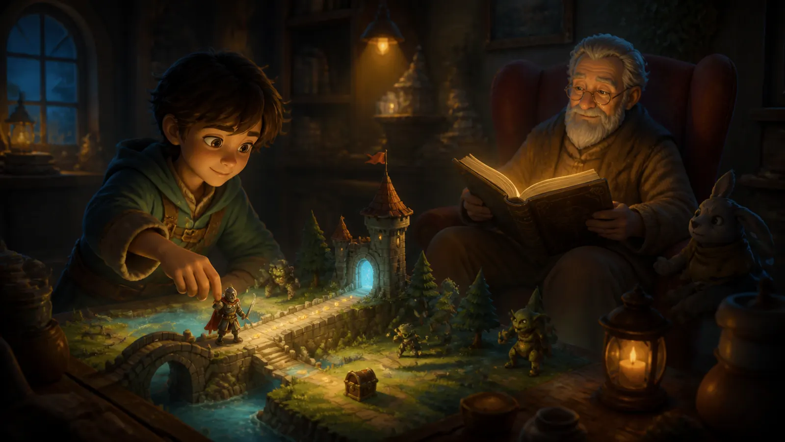 An illustrated child playing a miniature game world while an older man reads aloud from a book.