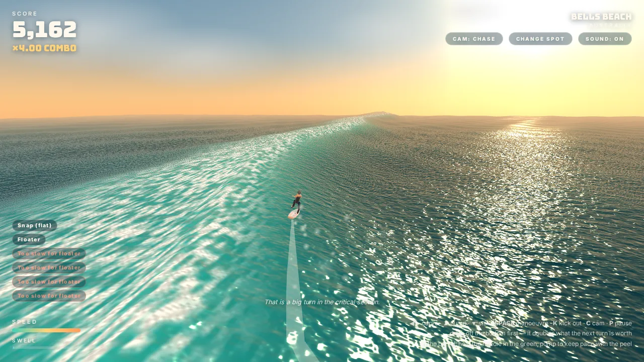 A hand-painted surf game mid-run, with the board carving across a wave.