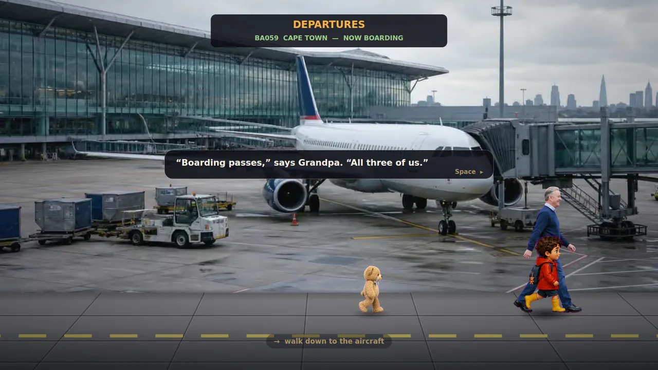An aircraft at the gate on a wet apron in Edward & B.Bear, with Edward, B.Bear and Grandpa walking towards the steps.