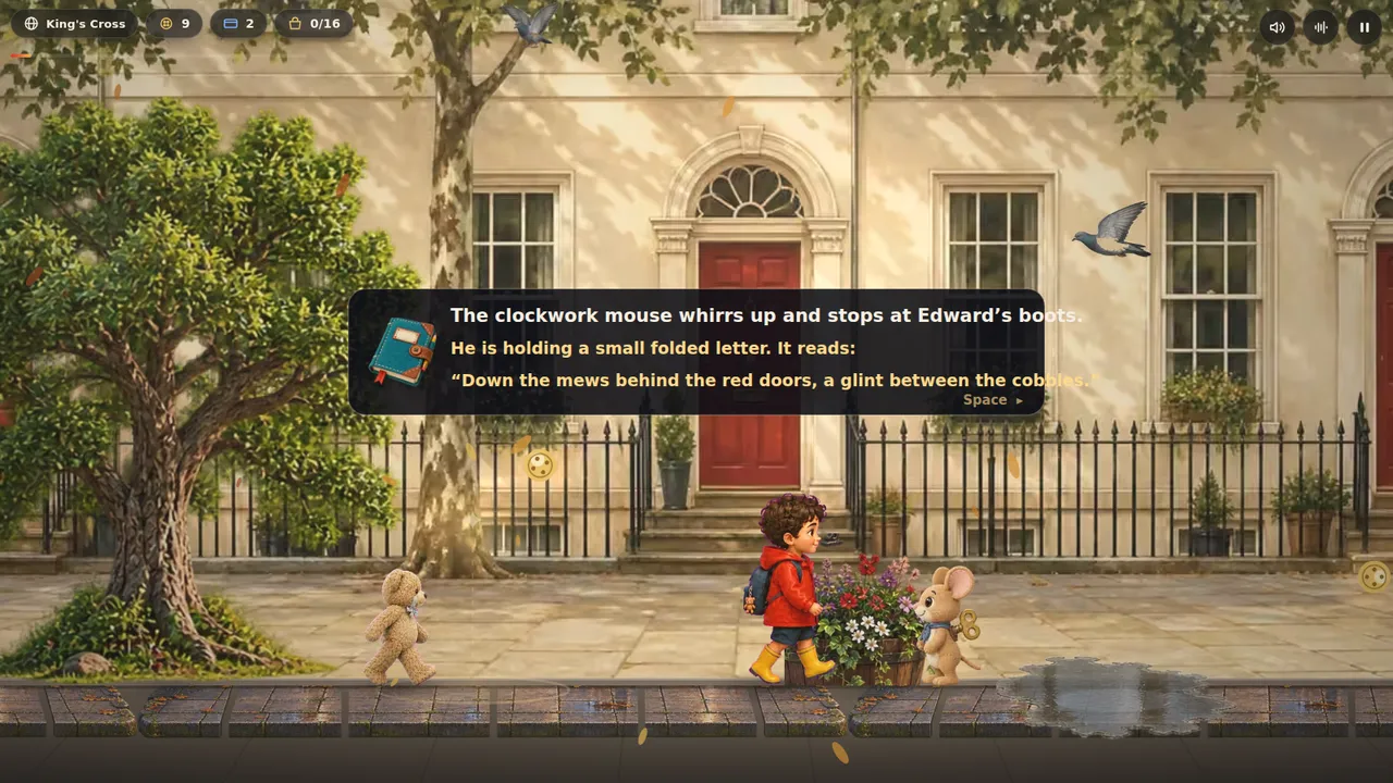 A Georgian terrace in Edward & B.Bear, with a clockwork mouse delivering a folded letter reading, down the mews behind the red doors, a glint between the cobbles.