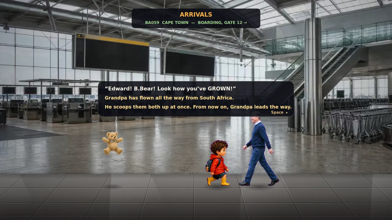 The painted Heathrow arrivals hall from the Edward and B Bear adventure.