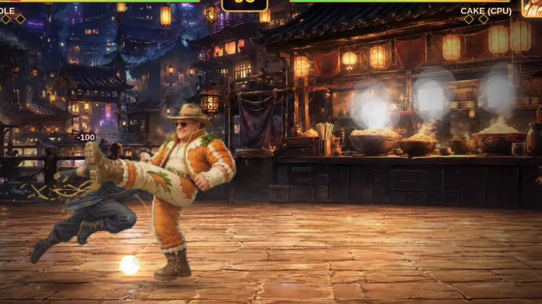 A hand-painted fighter landing a kick in a commissioned game.