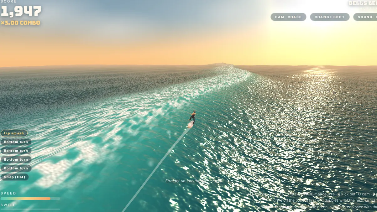 A hand-painted surf game mid-ride, with the board carving down a wave.