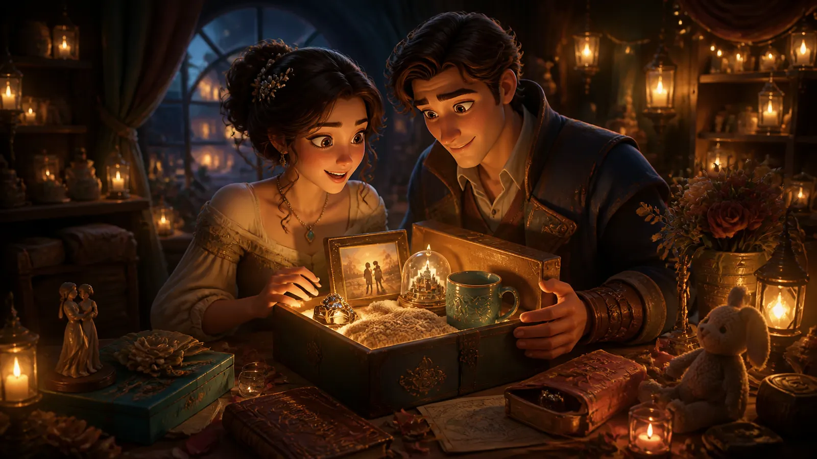 An illustrated newly engaged couple opening a box of photographs and keepsakes together.