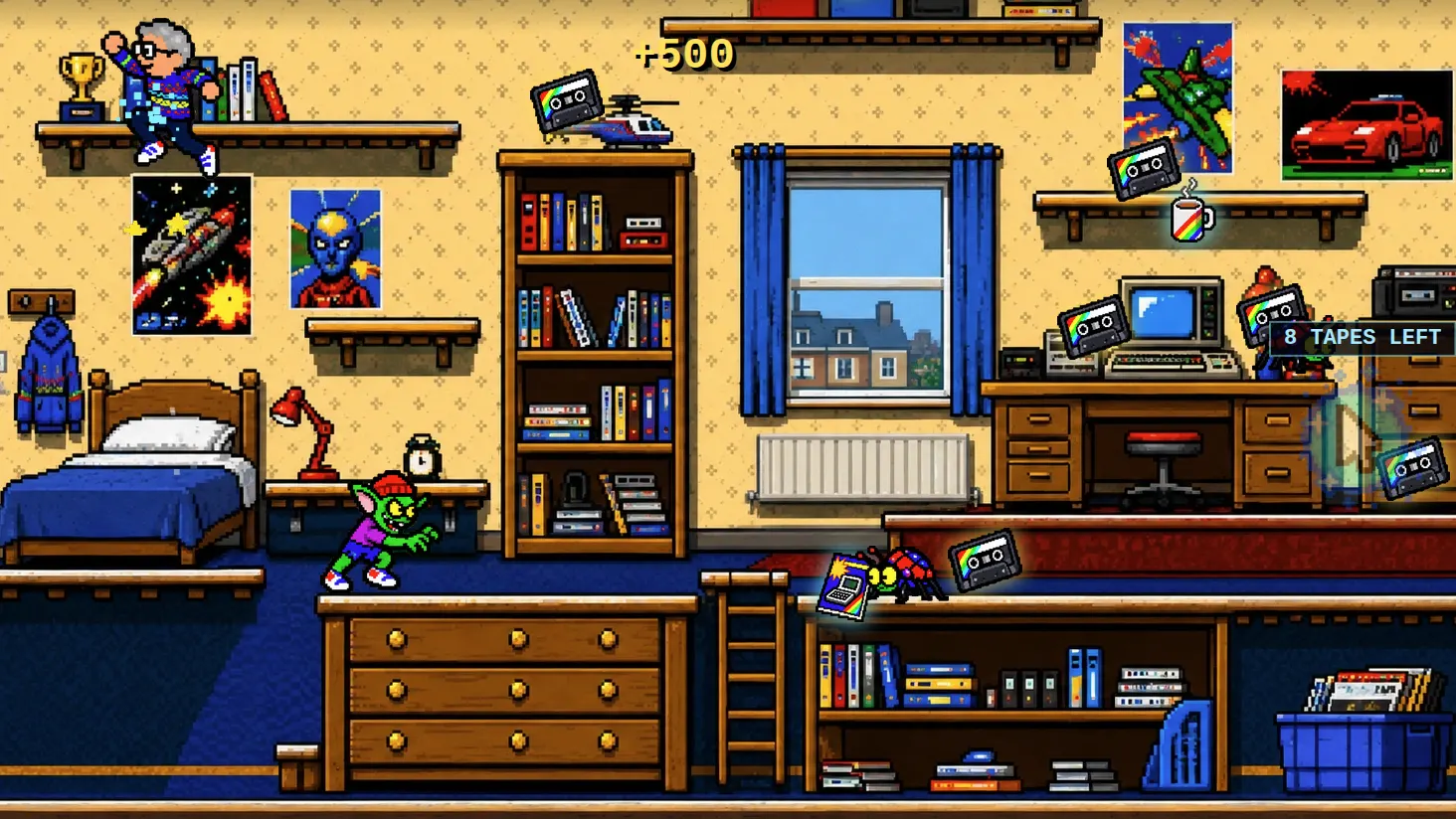 The bedroom level of a commissioned birthday game, with shelves and a computer on a desk.