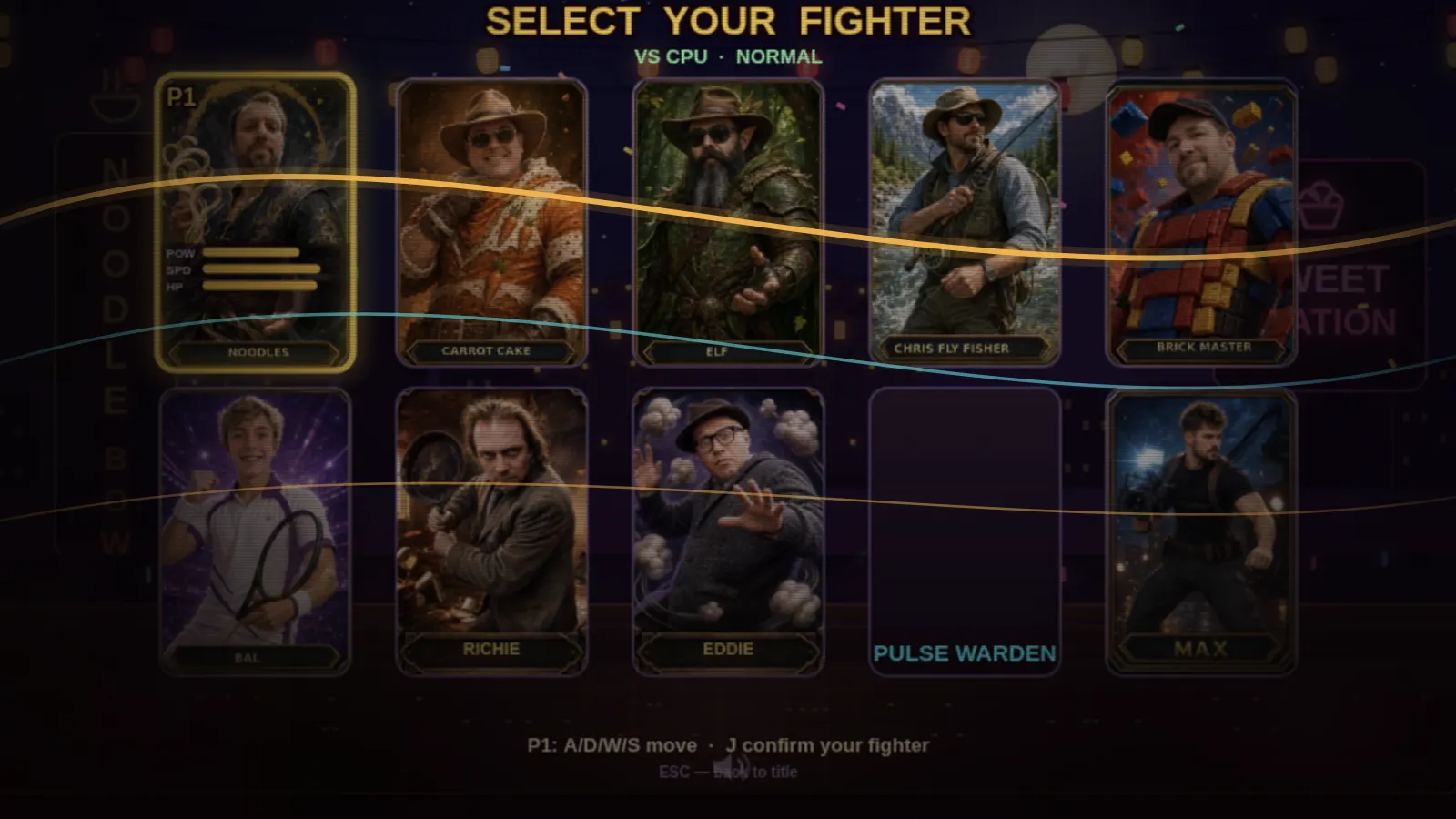 Character select screen from Noodles, Cake & Elf, showing the full roster of hand-painted fighters.
