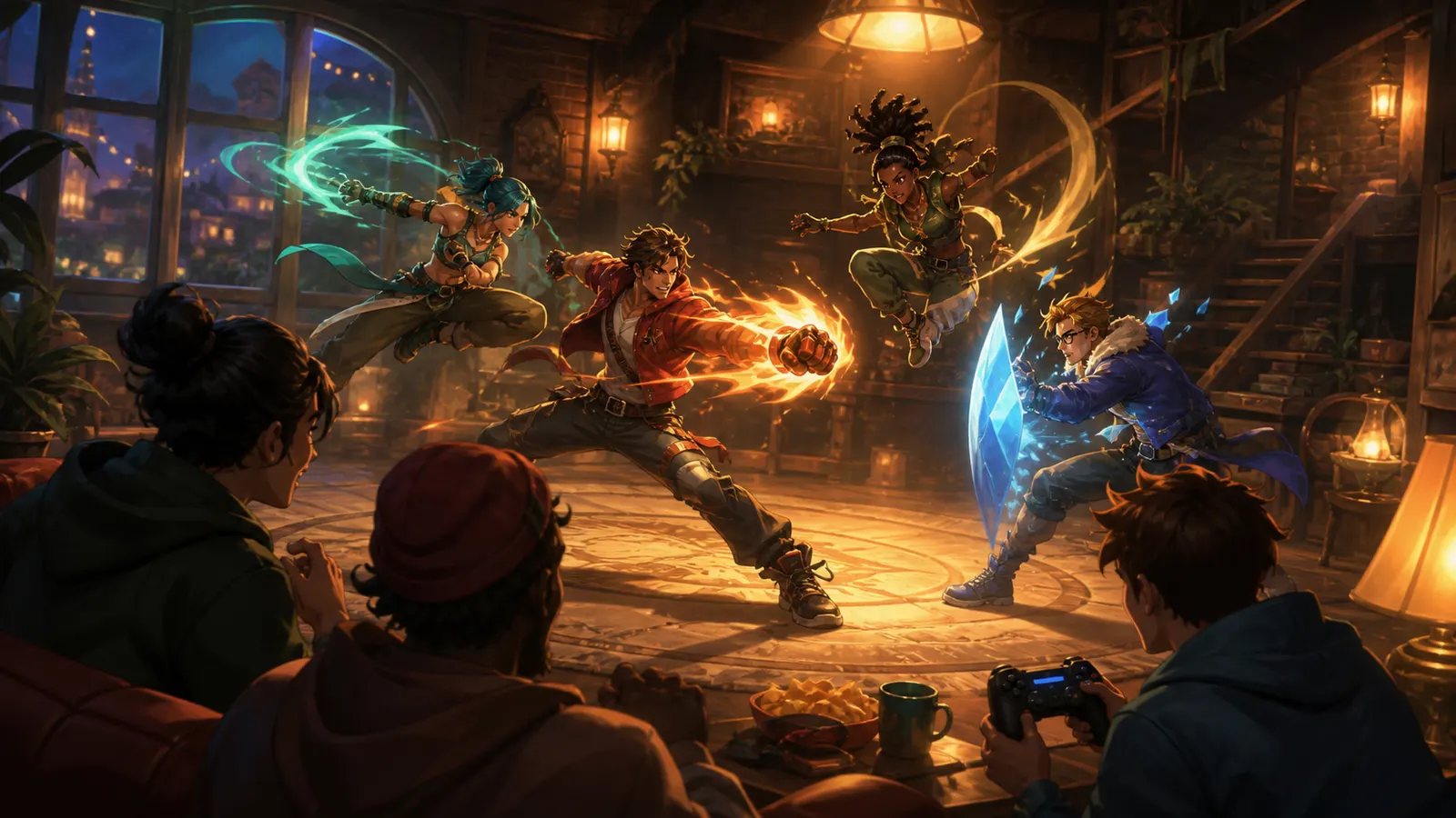 An illustrated group of friends watching two characters fight on screen in a lantern-lit room.