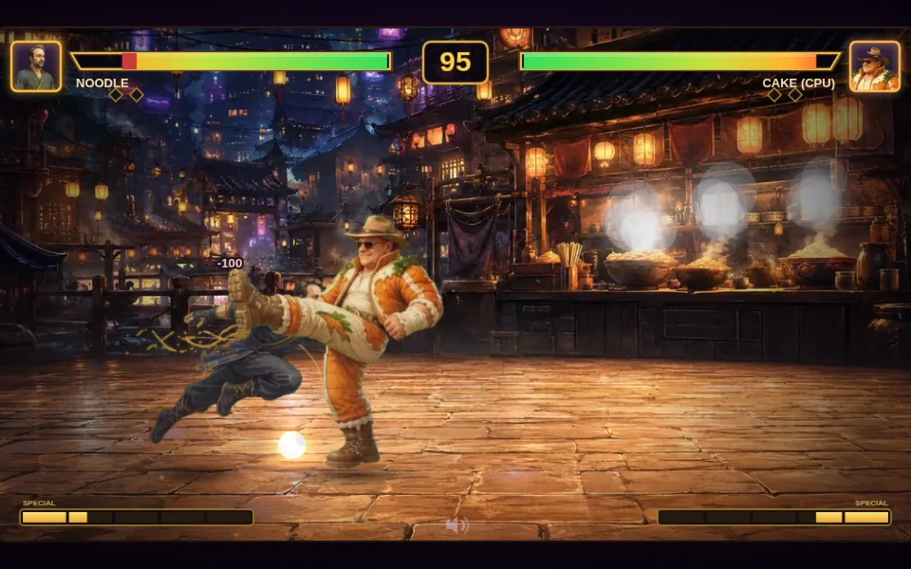 In-game action from a commissioned corporate arcade game, with a hand-painted character mid signature move.