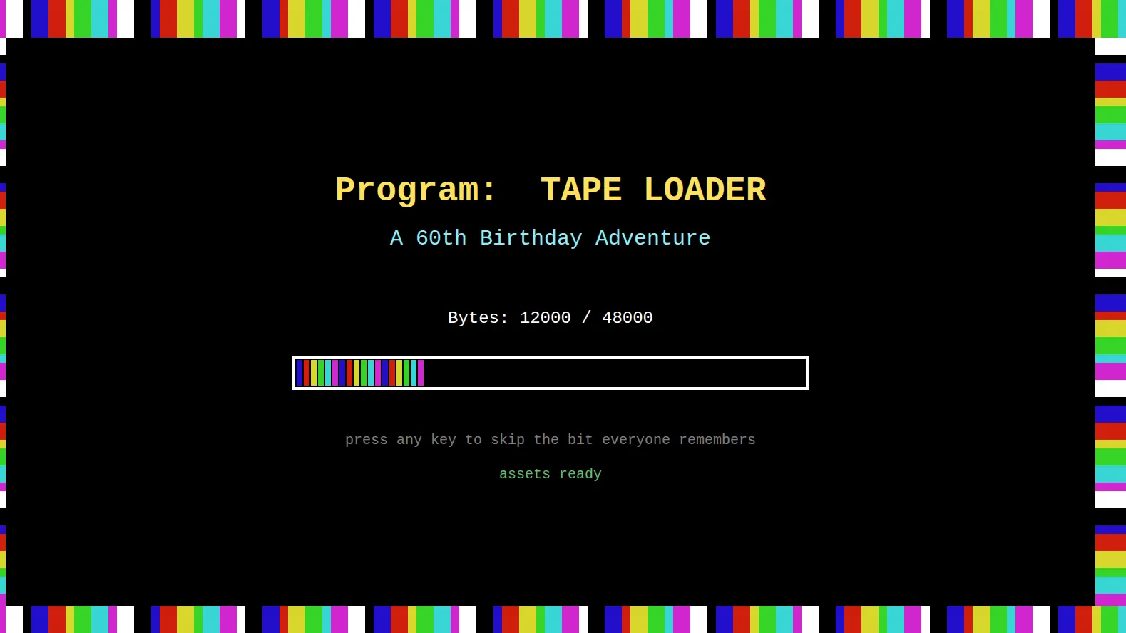 The cassette loading screen from Tape Loader, whose screech is generated from oscillators rather than played from a recording.