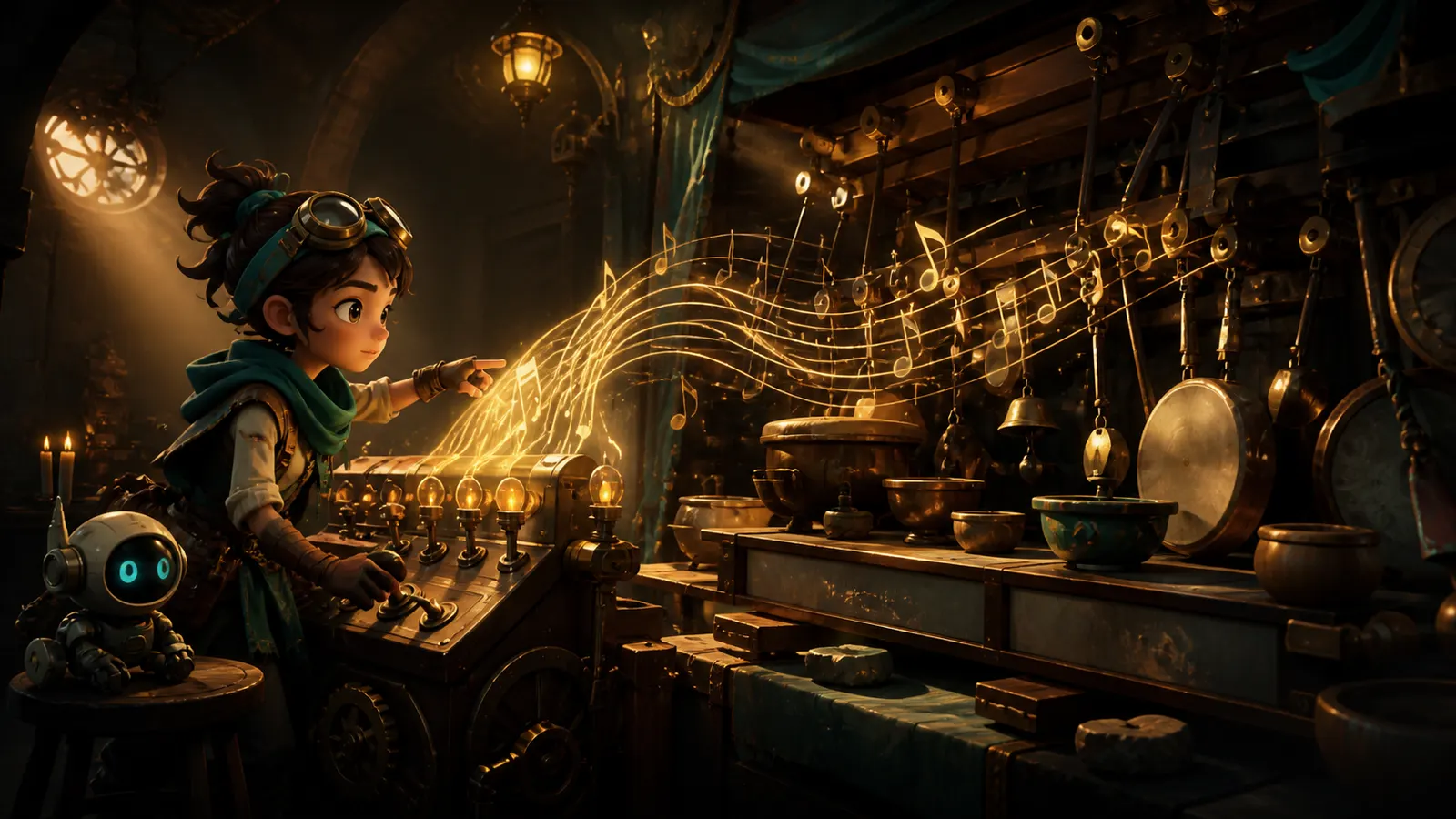 An illustrated developer at a console, golden musical notes rising from the keys as sound is generated.