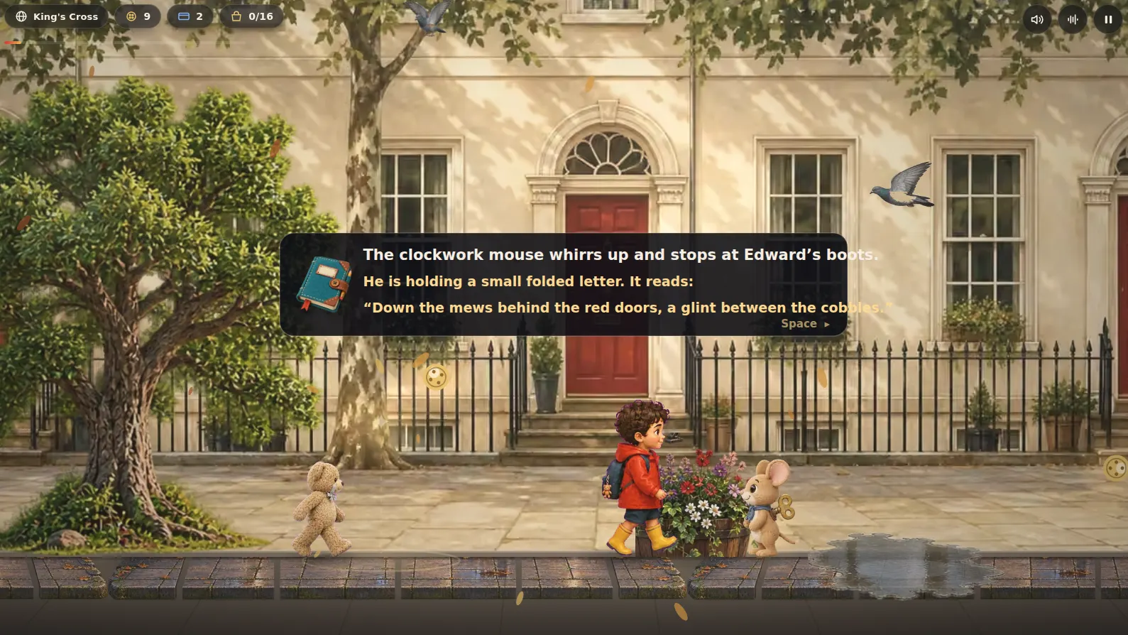 A painted Georgian terrace from a commissioned adventure game, with railings along the pavement.