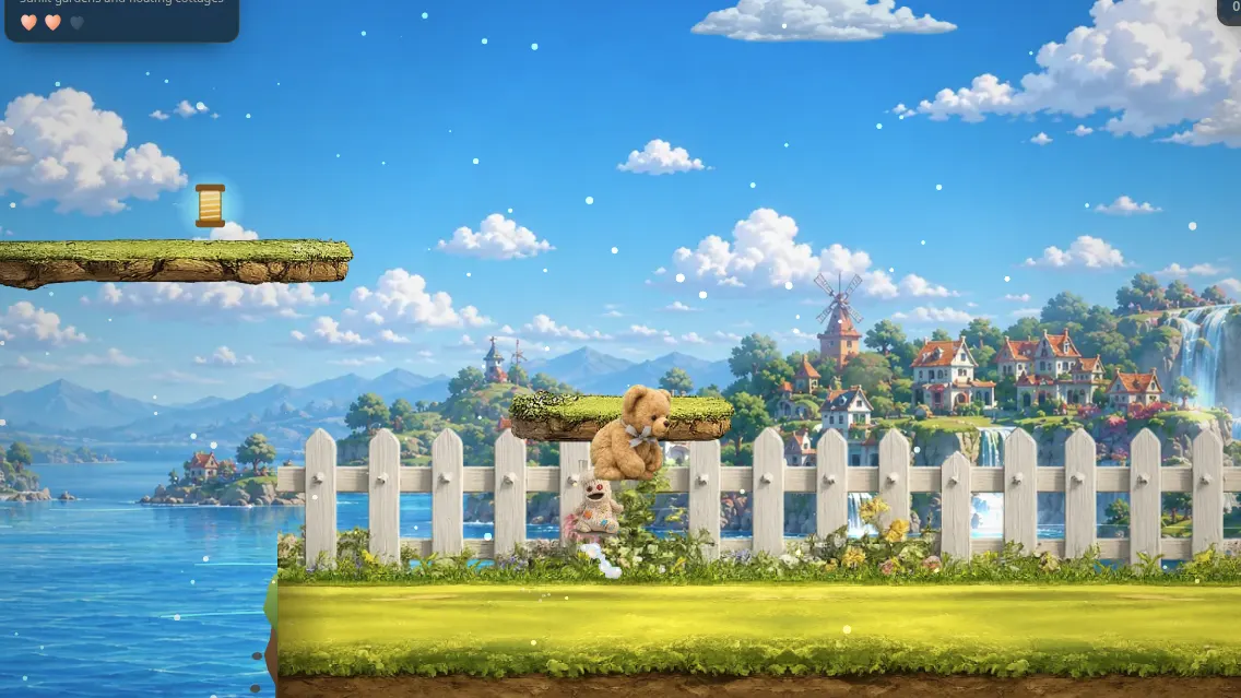 The seaside level of a commissioned platformer, with painted sand and a boardwalk.